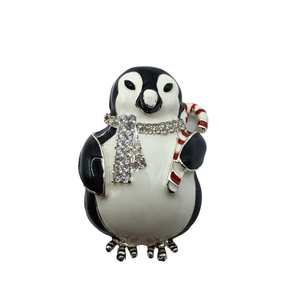 Napier Christmas Penguin Brooch Enamel Crystals Holiday Bird Pin Black White Red